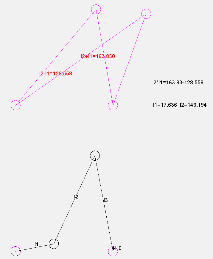 Linkage synthesis based on drawings, 2 end points of a rocker-crank mechanism Linkage synthesis based on drawings, 2 end points of a rocker-crank mechanism