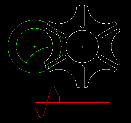 Classical Maltese Cross indexing mechanism. Unfortunately, it is jerky. Classical Maltese Cross indexing mechanism. Unfortunately, it is jerky.