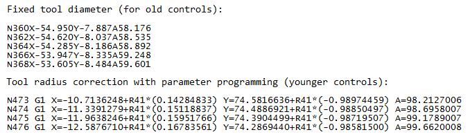 Export of classic NC data for fixed tool diameters (above) and for tool radius compensation with parameter programming (below) Export of classic NC data for fixed tool diameters (above) and for tool radius compensation with parameter programming (below)