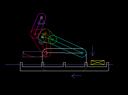 Six-bar linkage - four-bar mechanism plus parallel guidance dyad - applied as transport rake in a packaging machine Six-bar linkage - four-bar mechanism plus parallel guidance dyad - applied as transport rake in a packaging machine